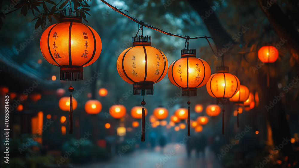 Aufkleber a group of orange lanterns hanging from a tree. the lanterns are lit up and create a warm, inviting 