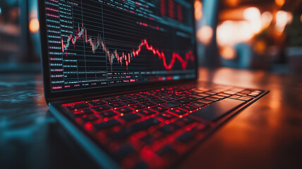 A laptop with a red keyboard is open to a screen with a graph. The graph is showing a downward trend, which could indicate a loss in value or a decrease in performance. Scene is somewhat negative