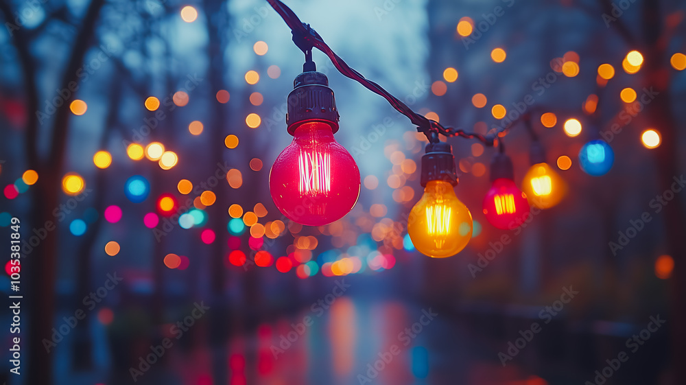 Poster a series of colorful lights hanging from a tree. the lights are of different colors and sizes, creat