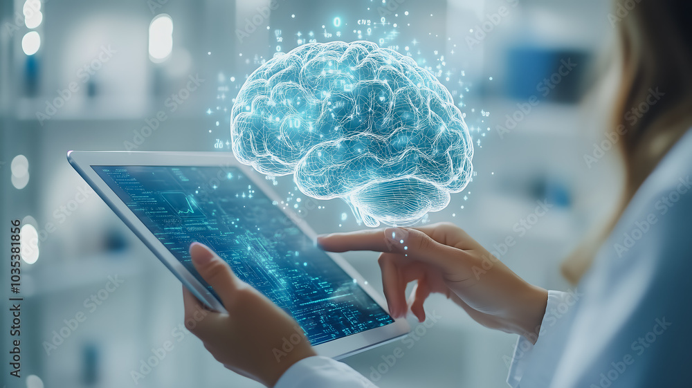 Poster a woman is using a tablet to interact with a brain model. concept of curiosity and fascination with 