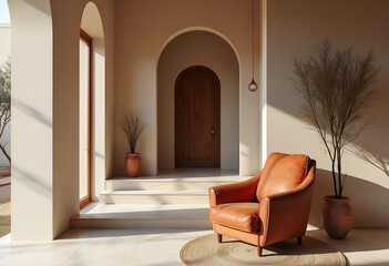 Terra cotta accent armchair in spacious room with steps and stucco wall. Minimalist, japandi interior design of modern living room.