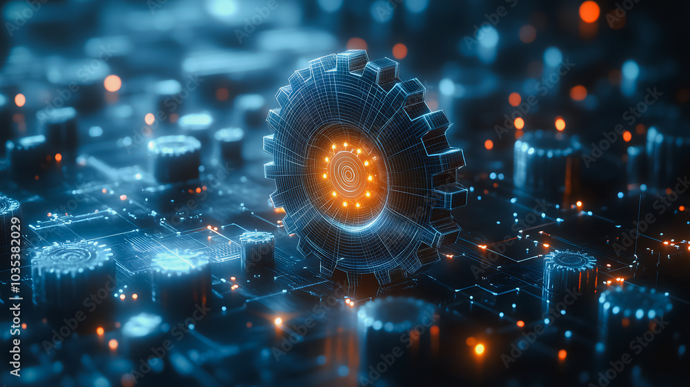 Canvas Prints a blue and orange computer chip with a gear on it. the image is of a futuristic cityscape