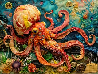 Obraz premium Colorful Octopus Collage: A Whimsical Underwater Art