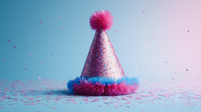 A pink party hat with blue trim sits on a table covered in confetti. The hat is the main focus of the image, and the confetti adds a festive and celebratory atmosphere