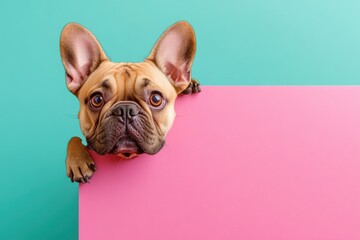Cute French Bulldog peeking over the edge of an empty pink billboard.
