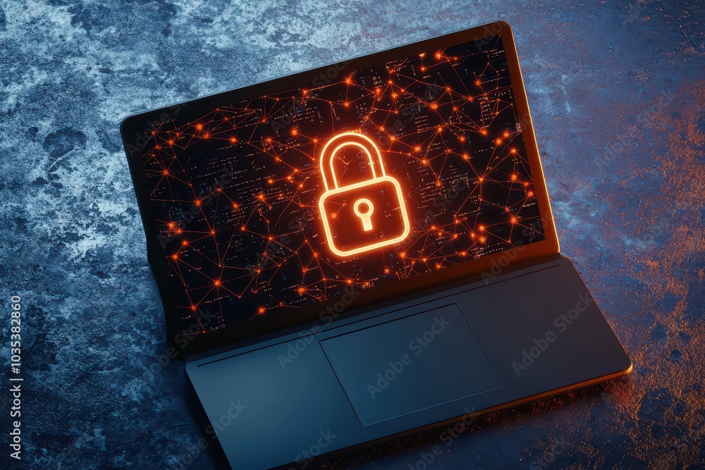 Poster laptop displaying a glowing lock symbol, representing digital security and data protection.