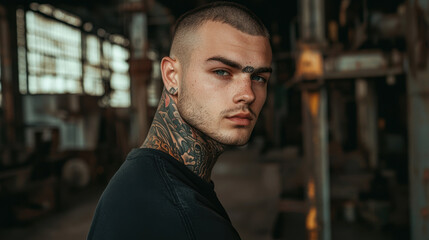 Portrait of a confident young man with a shaved head and tattoos, standing in an industrial area, looking directly into the camera