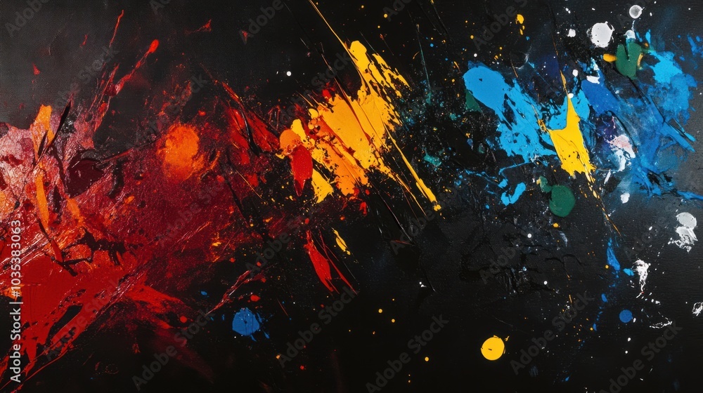 Poster splashes of vibrant colors across a dark background, creating a bold and striking abstract design