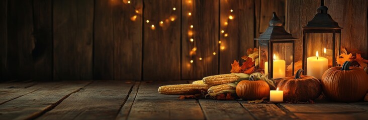A rustic wooden background with an autumn theme and ample copy space, featuring Halloween pumpkins surrounding candle-lit lanterns, gourds, and corn on the cob on a weathered tabletop.