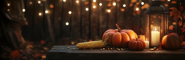 An autumn banner with a rustic wooden table decorated with pumpkins, corn cobs, illuminated by flickering candles in an antique lantern, on a dark background with twinkling lights.