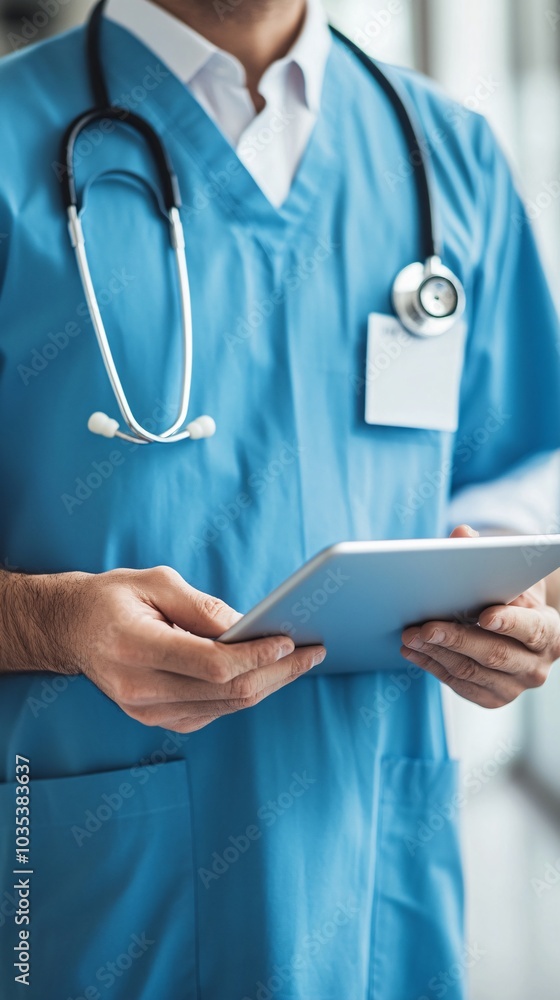 Poster medical team in a hospital setting discussing treatment plans using digital tablets stock photo with