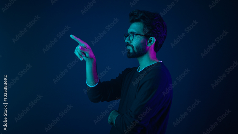 Poster infographic hologram backdrop template ultraviolet neon background pensive man hi-tech programmer en