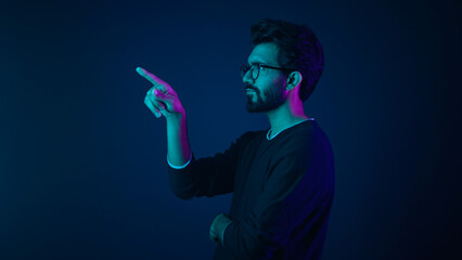 Infographic hologram backdrop template ultraviolet neon background pensive man hi-tech programmer engineer touch air space futuristic user interface HUD digital cyber technology virtual screen icon