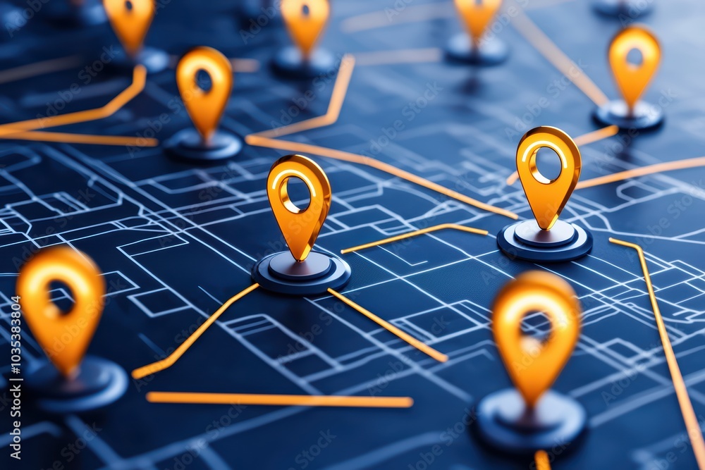 Poster map with multiple location markers, representing navigation and geolocation services.