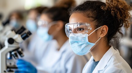 Medical professionals working in a high-tech laboratory analyzing patient samples Stock Photo with side copy space
