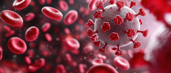 Microscopic view of red blood cells and virus particles illustrating infection and immunity.