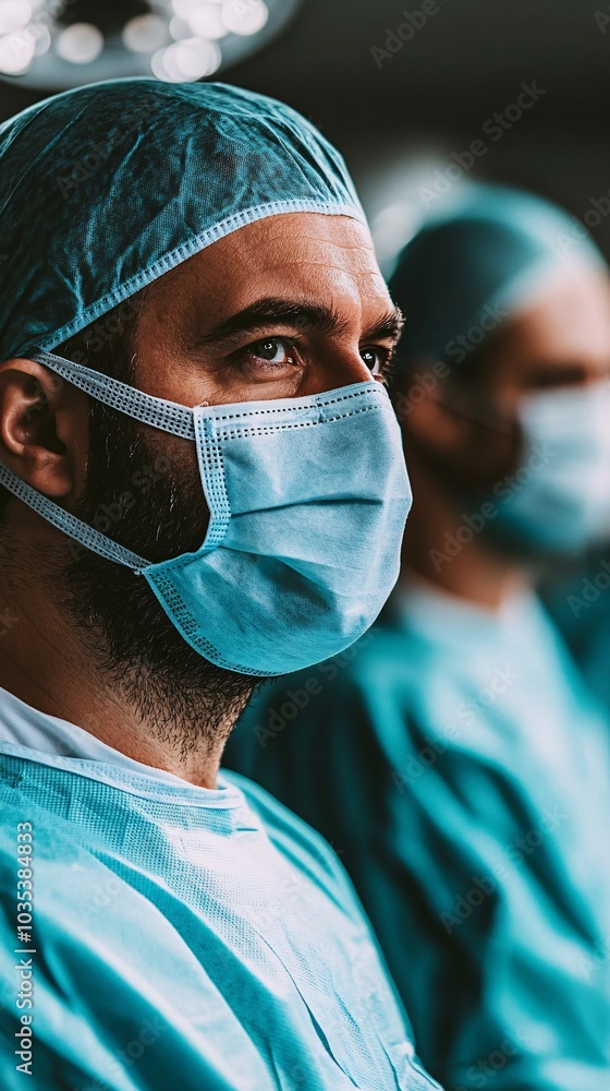 Poster surgeons in surgical masks performing a delicate procedure in a state-of-the-art operating room stoc