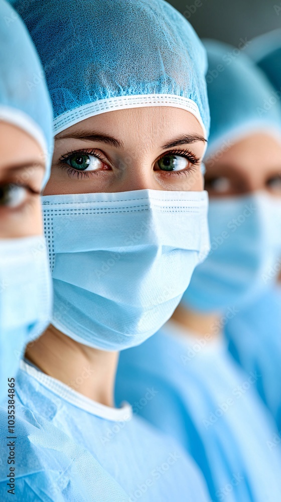 Poster surgeons in surgical masks performing a delicate procedure in a state-of-the-art operating room stoc