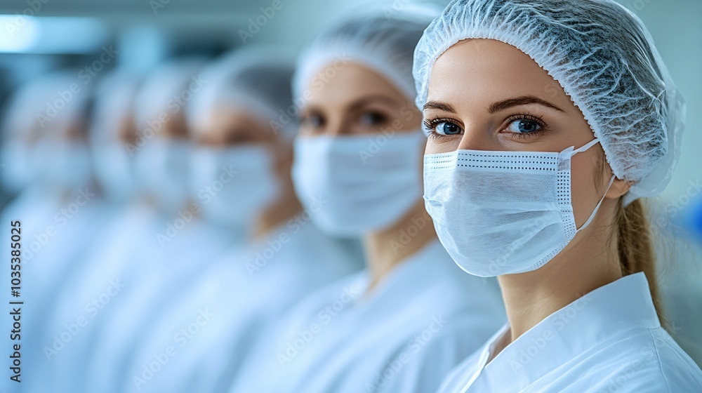 Poster surgeons in surgical masks performing a delicate procedure in a state-of-the-art operating room stoc
