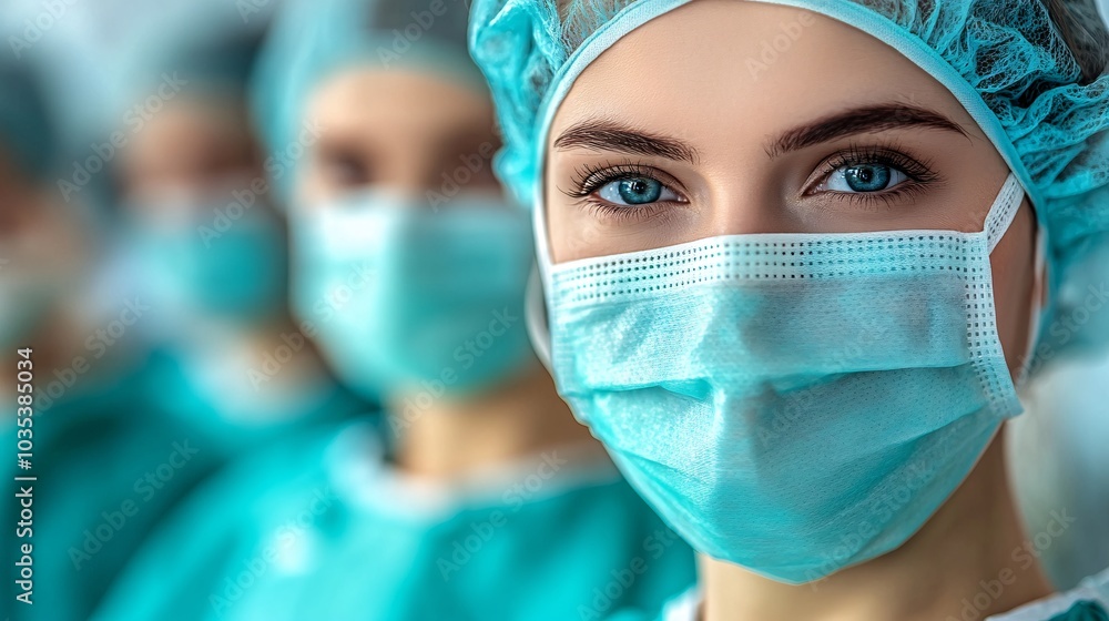 Poster surgeons in surgical masks performing a delicate procedure in a state-of-the-art operating room stoc