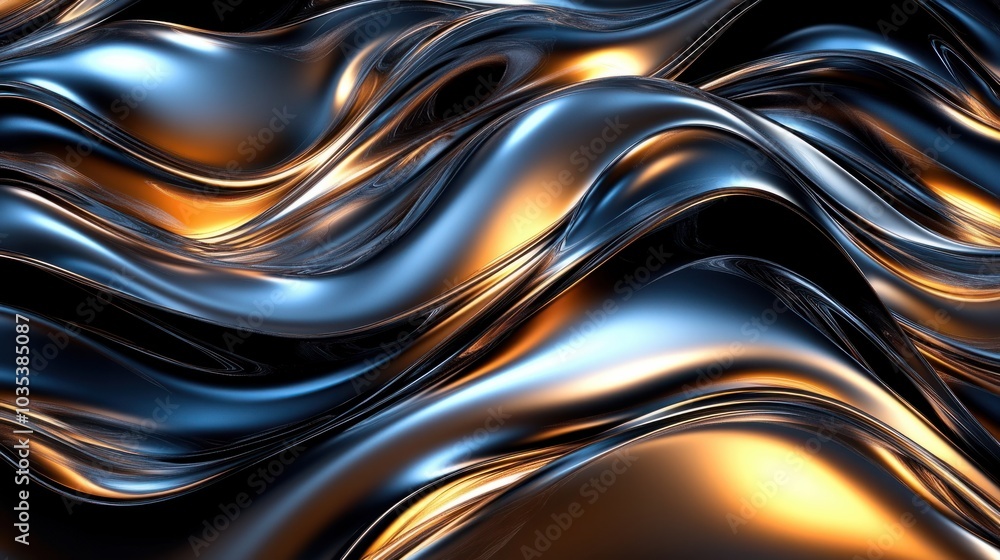 Poster wavy lines in metallic hues, creating a sleek and shiny abstract pattern, futuristic feel