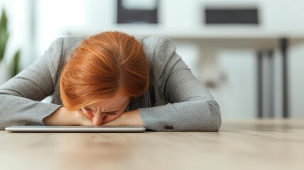 Businesswoman with her head on her desk, emotionally and physically drained, symbolizing the fatigue of burnout in corporate life businesswoman, burnout, fatigue
