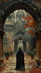 Naklejka premium A Cloaked Figure Stands Before a Gothic Chapel