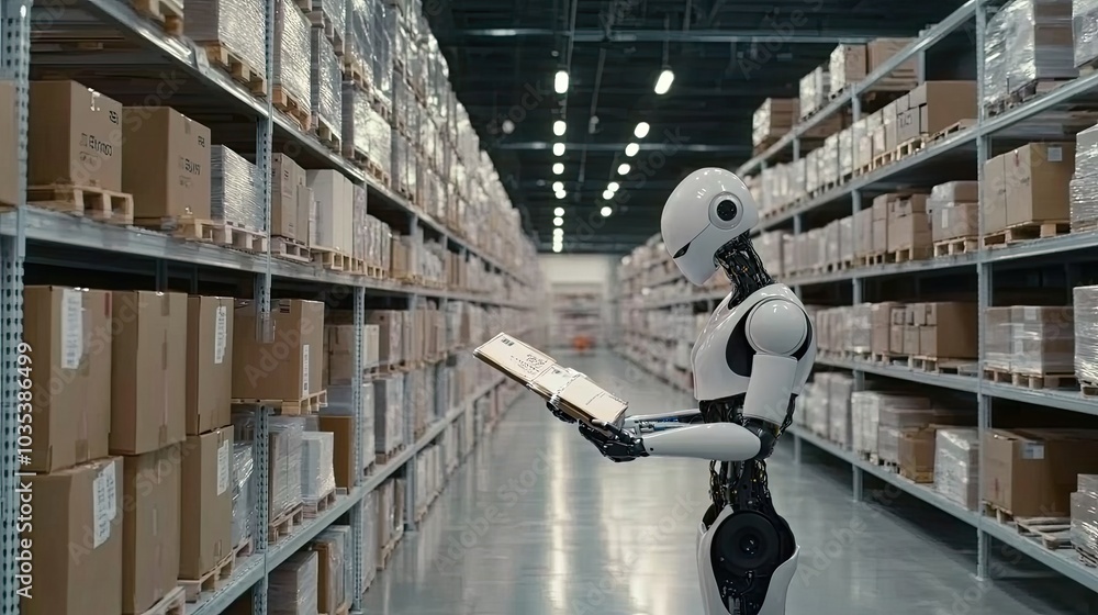 Poster an ai robot works meticulously in a warehouse, packing and sorting items in preparation for shipping