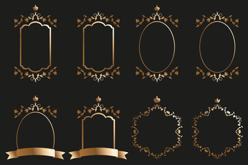 Set of Vintage Luxury Gold Frames isolated black. Royal vector Frame template design with floral Border. Elegant element collection can used invitation design. EPS 10