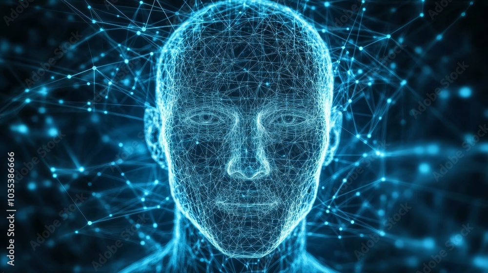 Poster abstract glowing blue plexus wireframe human head, artificial intelligence concept. 3d rendering