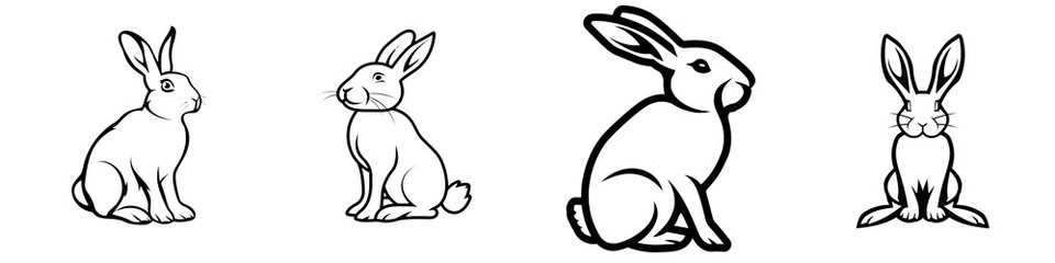 Obraz premium Cute cartoon rabbits in various poses on a white isolated background.