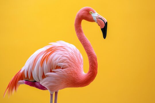 Vibrant flamingo against a bright yellow background nature's colorful beauty