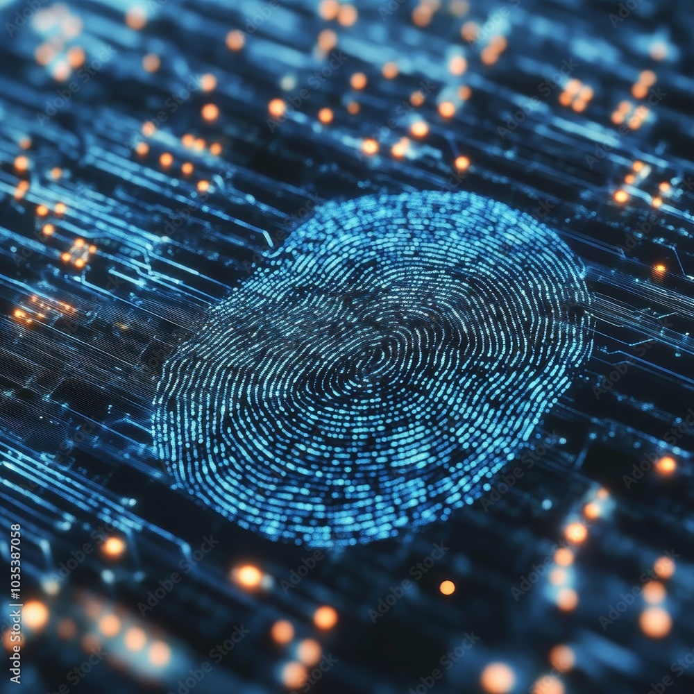 Poster digital fingerprint security glowing fingerprint on circuit board, cybersecurity concept.