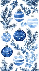 Watercolor blue and white christmas ornament pattern with greenery, white background