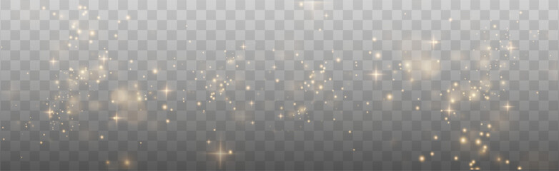 Christmas background. Powder dust light PNG. Magic shining gold dust. Fine, shiny dust bokeh particles fall off slightly. Fantastic shimmer effect. Vector illustrator.