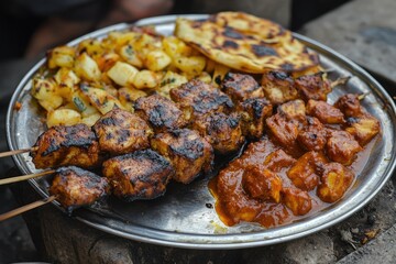 Chicken tikka kebabs with naan bread and roasted potatoes served on a platter