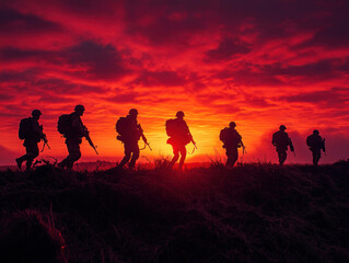 Military troops in silhouette walking across a ridge at sunset, rifles slung over their shoulders, sky lit in deep hues of red and gold