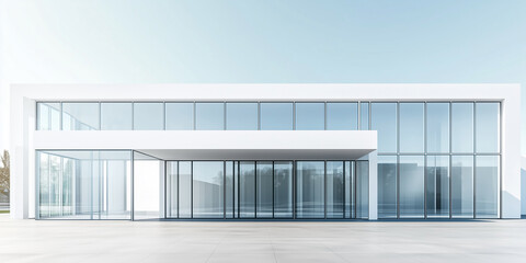 Fototapeta premium Modern minimalist building with glass and steel structures in an open, spacious area under a clear sky, ideal as a background for showcasing products or vehicles. 