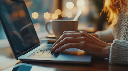 A woman is typing on a laptop in a cafe