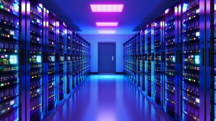 Obraz premium Server room with rows of computers and blinking LED lights