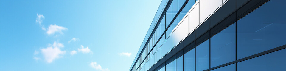 Modern minimalist building with glass and steel structures in an open, spacious area under a clear sky, ideal as a background for showcasing products or vehicles. 