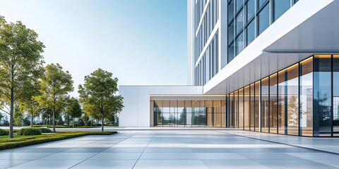 Modern minimalist building with glass and steel structures in an open, spacious area under a clear sky, ideal as a background for showcasing products or vehicles. 