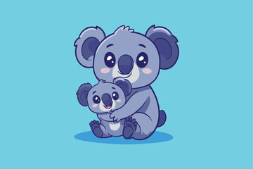 A cute koala sticker sitting on the ground with mom concept Isolated Flat Vector Illustration