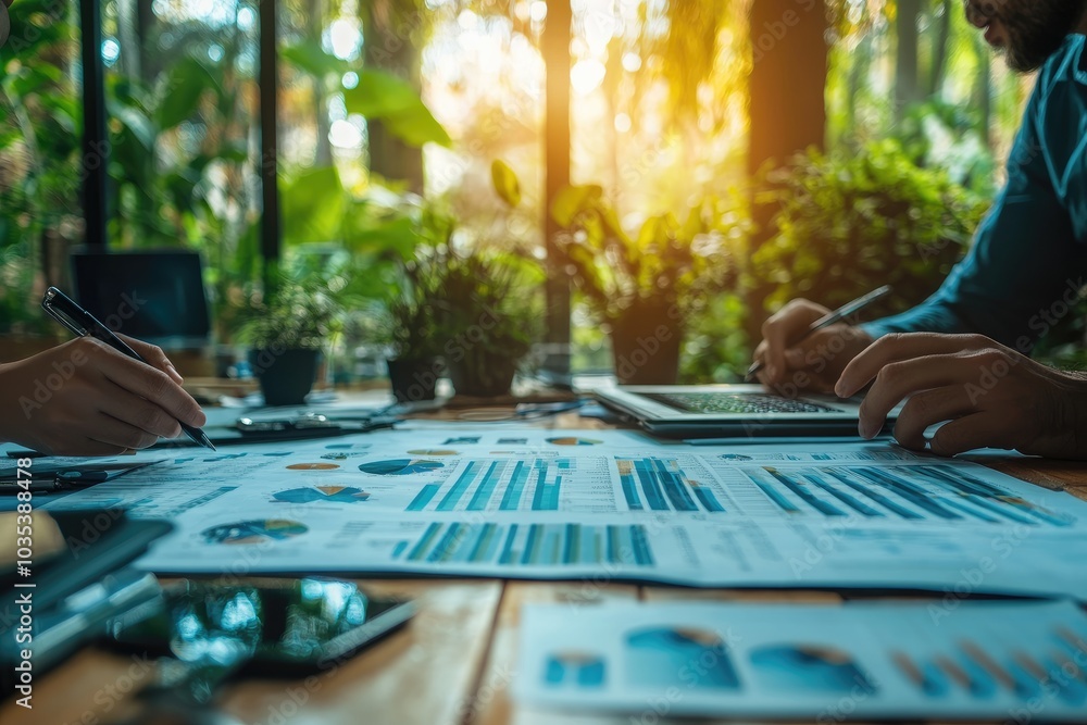 Poster business people analyzing financial documents with charts and graphs at desk