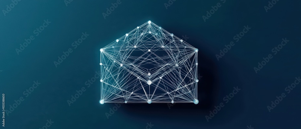 Poster stylized digital envelope, formed with lines and nodes, against a dark background to represent commu