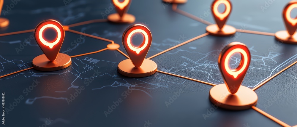 Poster stylized map with glowing location markers connected by lines, ideal for navigation or gps concepts.