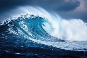 Giant blue ocean wave breaking under cloudy sky