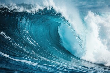 Giant blue ocean wave breaking creating a perfect tube