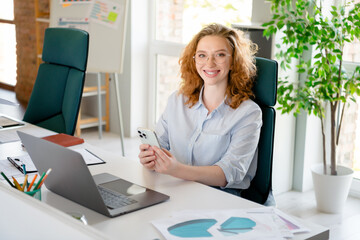 Photo of lovely young lady hold telephone netbook dressed formalwear business manager comfortable...