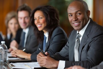 Diverse businesspeople discussing some reports in a boardroom, Generative AI
